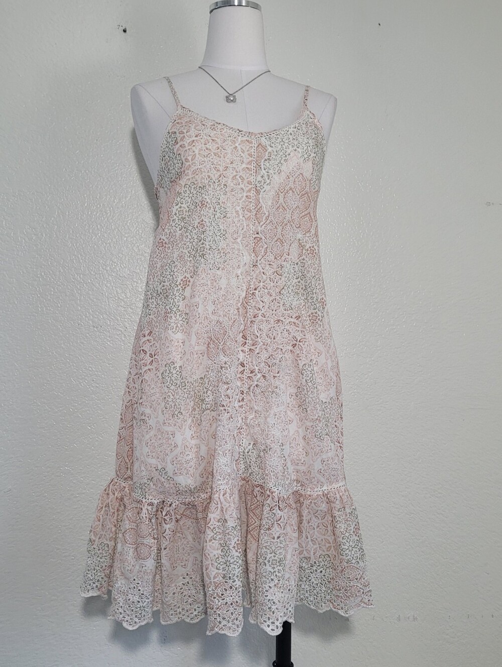 Rachel Zoe Boho Blush Pink Paisley  Print Ruffle Hem Cotton Midi Slip Dress Smal